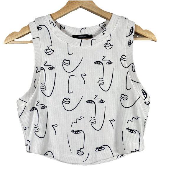 Forever 21 Tops - Forever 21 Top Size L Abstract Faces Fine Line Art Crop Top Crew Neck Tank Shirt